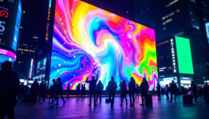 A photograph of a vibrant led display in an urban setting