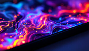 A photograph of a close-up view of a custom oled panel displaying vibrant colors and intricate details