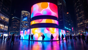 A photograph of a vibrant led display in an urban setting