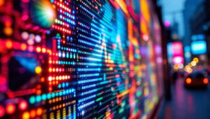 A photograph of a vibrant led display showcasing dynamic visuals