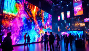 A photograph of a vibrant led display in a dynamic setting