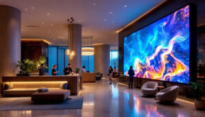 A photograph of a modern hotel lobby featuring an eye-catching led display that highlights amenities or promotions