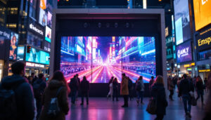 A photograph of a vibrant led display in a bustling urban environment