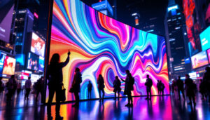 A photograph of capture a photograph of a vibrant led display in a dynamic urban setting