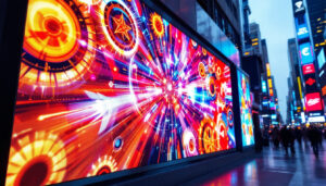 A photograph of a vibrant led display showcasing dynamic eye-catching graphics in an urban setting