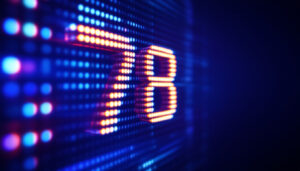 A photograph of a vibrant led display showcasing the numbers 7 and 8 illuminated in bright colors