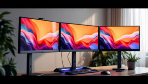A photograph of a sleek and modern triple monitor stand setup showcasing three led displays in a well-lit workspace