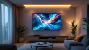 A photograph of capture a photograph of a modern living space showcasing a sleek led tv mounted to the ceiling