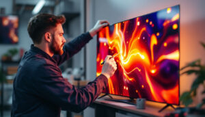 A photograph of a technician skillfully replacing the led display of a 65-inch tv