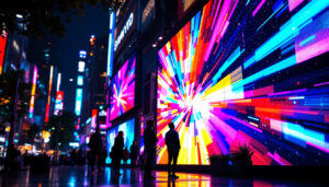 A photograph of a vibrant led display in a bustling urban setting