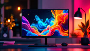 A photograph of a sleek 24-inch led computer monitor displaying vibrant graphics
