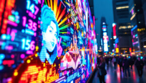 A photograph of a vibrant led display showcasing a colorful array of images or text in a bustling urban environment