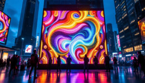 A photograph of a vibrant led display in an urban setting