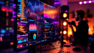 A photograph of a close-up of a dp 1.4 monitor displaying vibrant led visuals