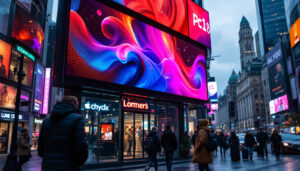 A photograph of a vibrant outdoor led display showcasing dynamic graphics and advertisements in a bustling urban environment