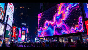 A photograph of a vibrant led display in a bustling urban setting