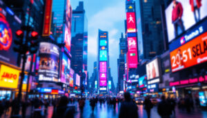 A photograph of a vibrant led display in a bustling urban environment