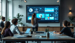 A photograph of capture a photograph of a modern classroom setting featuring a large led display screen