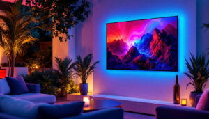 A photograph of a vibrant outdoor setting featuring a sleek led tv mounted on a patio or garden wall