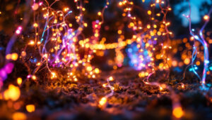 A photograph of a beautifully illuminated outdoor space featuring vibrant fiber optic lights intertwined with natural elements