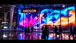 A photograph of the oregon international airport's vibrant led display in action
