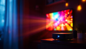 A photograph of a vibrant digital light projector in action