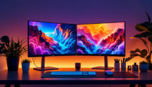 A photograph of a modern workspace featuring a double screen setup with vibrant led displays showcasing dynamic wallpapers
