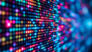 A photograph of a close-up of a vibrant led display
