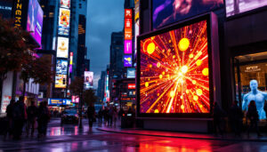 A photograph of a vibrant outdoor led digital advertising screen displaying dynamic content in a bustling urban setting