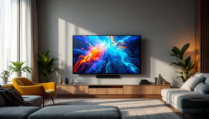 A photograph of a modern living room setting featuring a large led tv with a touch screen interface