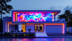 A photograph of a modern rectangular house featuring a sleek led display integrated into its facade
