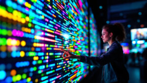 A photograph of a close-up shot of a vibrant led display in use