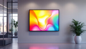 A photograph of a sleek indoor privacy panel featuring a vibrant led display