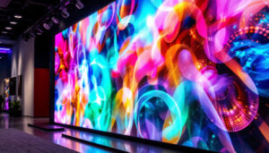 A photograph of the vibrant led display at the paramount miami worldcenter sales gallery