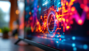 A photograph of a close-up shot of a monitor displaying vibrant led graphics