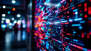 A photograph of a vibrant led display showcasing dynamic visuals or color patterns