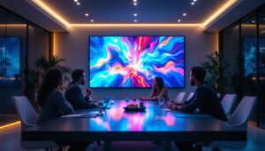 A photograph of a modern conference room featuring a large led display in action