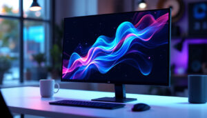 A photograph of a sleek 15-inch lcd monitor displaying vibrant led graphics