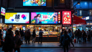 A photograph of a vibrant wall market scene featuring an eye-catching led display