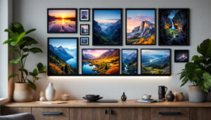 A photograph of a stylish wall photo display featuring a mix of framed prints and an led display