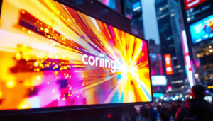 A photograph of a vibrant led display showcasing a dynamic logo in a busy urban setting
