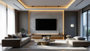 A photograph of a stylish living room featuring a high ceiling with an elegant led tv wall display