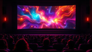 A photograph of a large cinema screen displaying vibrant led visuals