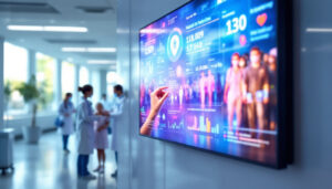 A photograph of a vibrant led display in a healthcare setting