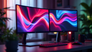 A photograph of capture a photograph of a sleek dual computer monitor mount setup displaying vibrant led screens