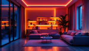 A photograph of a beautifully lit home interior showcasing various poe led lighting installations