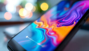 A photograph of a close-up of a smartphone screen displaying a vibrant image with the brightness settings menu open