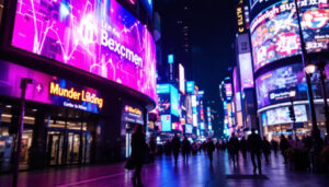 A photograph of a vibrant led display showcasing dynamic visuals or text