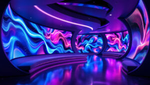 A photograph of a modern interior space featuring elegantly curved walls adorned with vibrant led displays