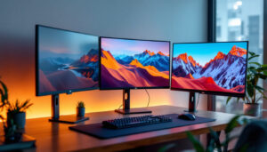 A photograph of a sleek and modern workspace featuring three distinct monitor stands